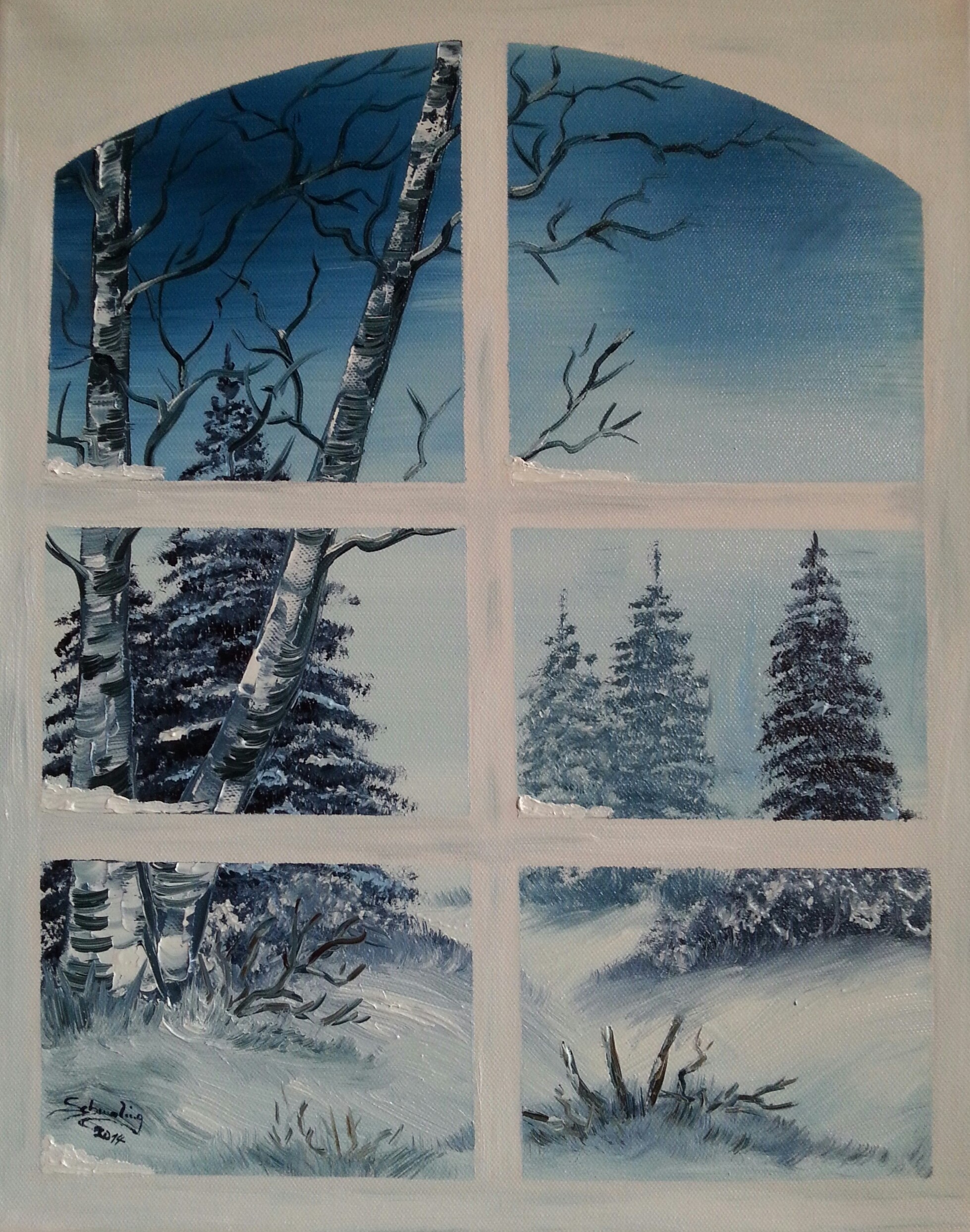 13 Blick durchs Fenster, Winterbild 40x50 cm Öl auf Leinwand