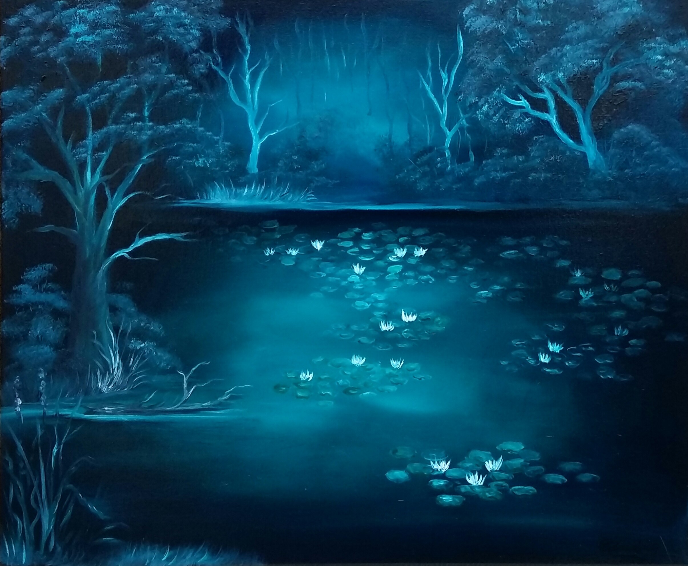 46 Seerosenteich im Mondschein 50x60 cm Öl auf Leinwand mit Rahmen