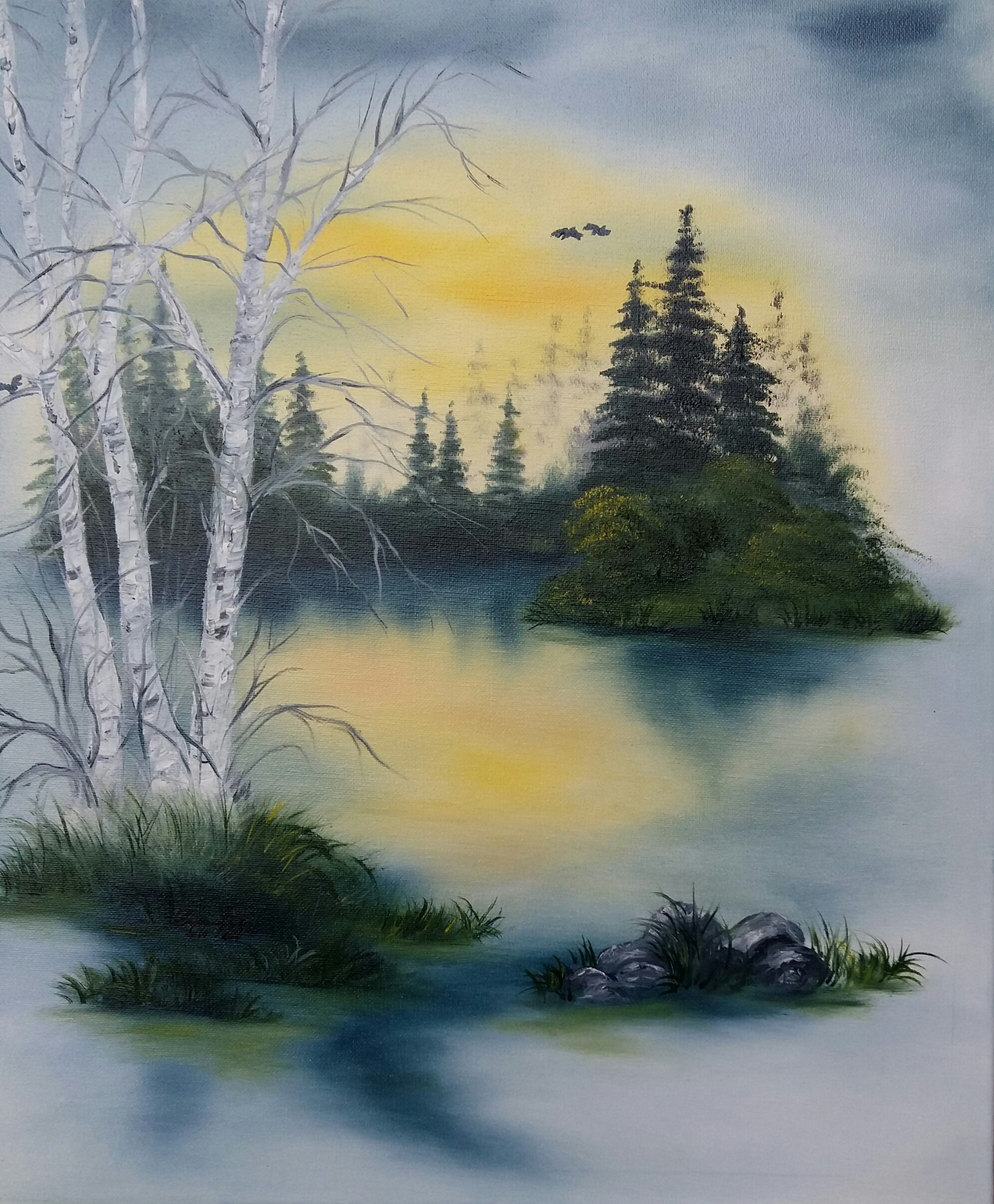 65 Drei Birken am See 50x60 cm Öl auf Leinwand mit Rahmen