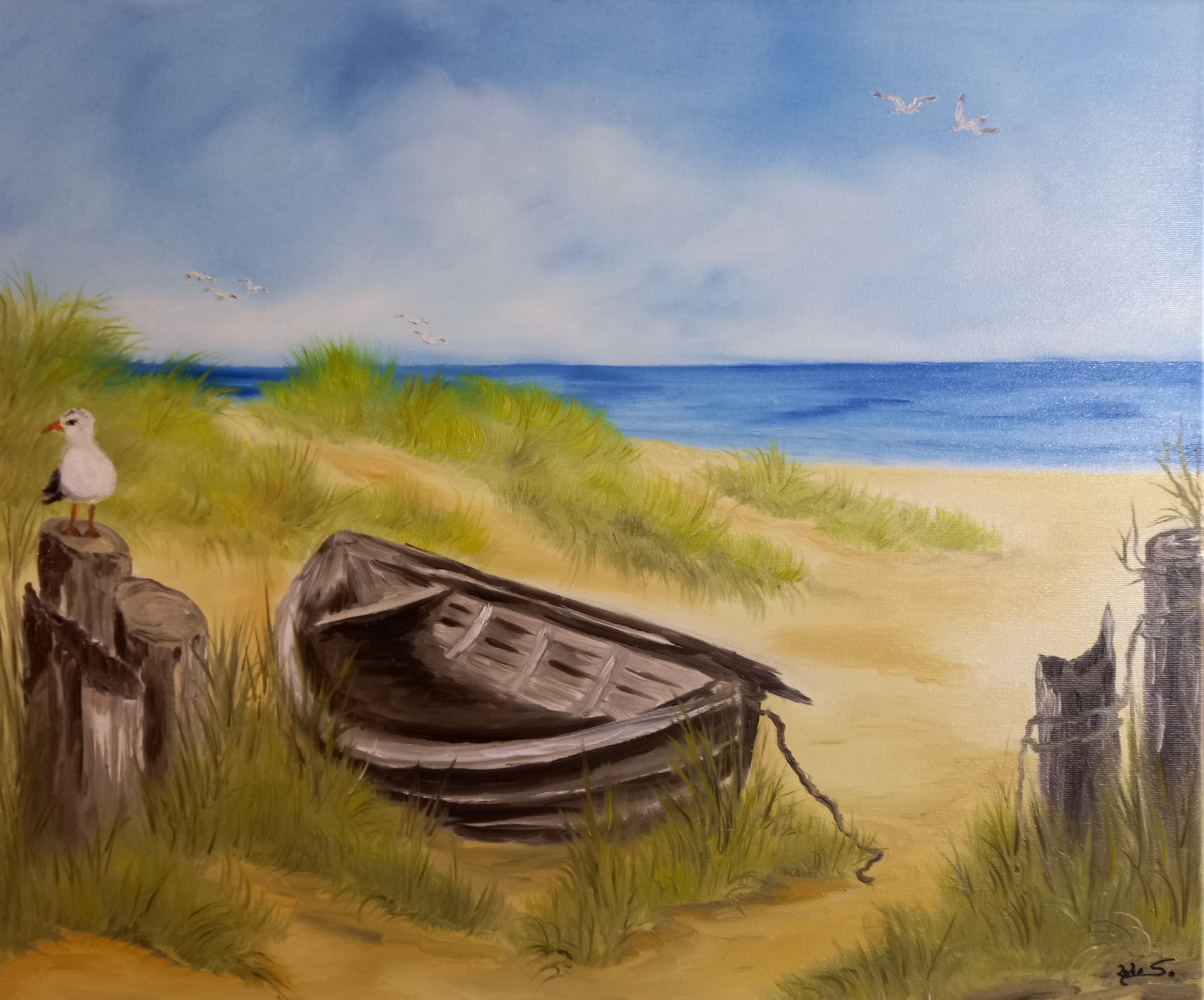 113 Altes Boot und Möwe am Strand 50x60 cm Öl auf Leinwand