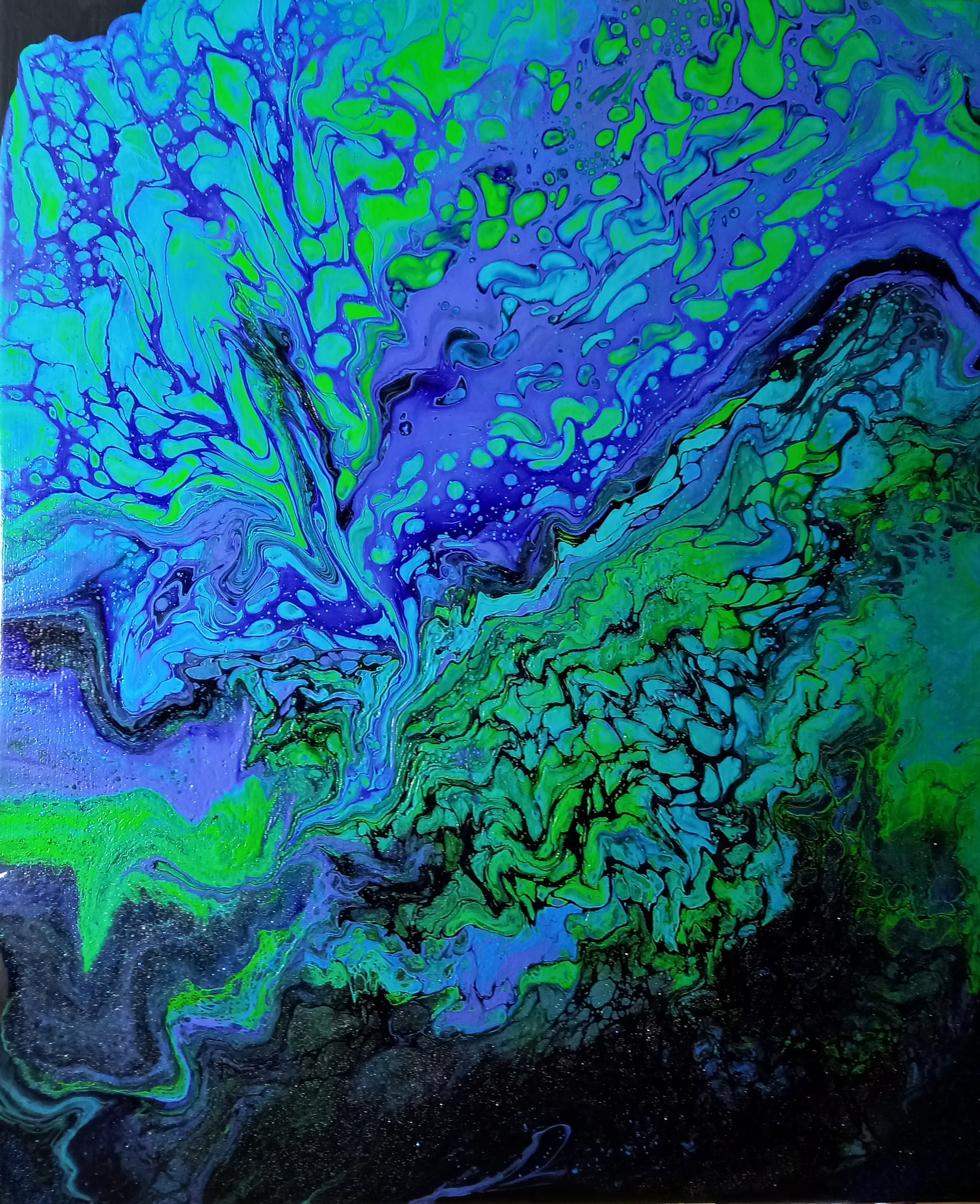 4E Pouring blau/grün/gelb 50x60 cm Acryl auf Leinwand