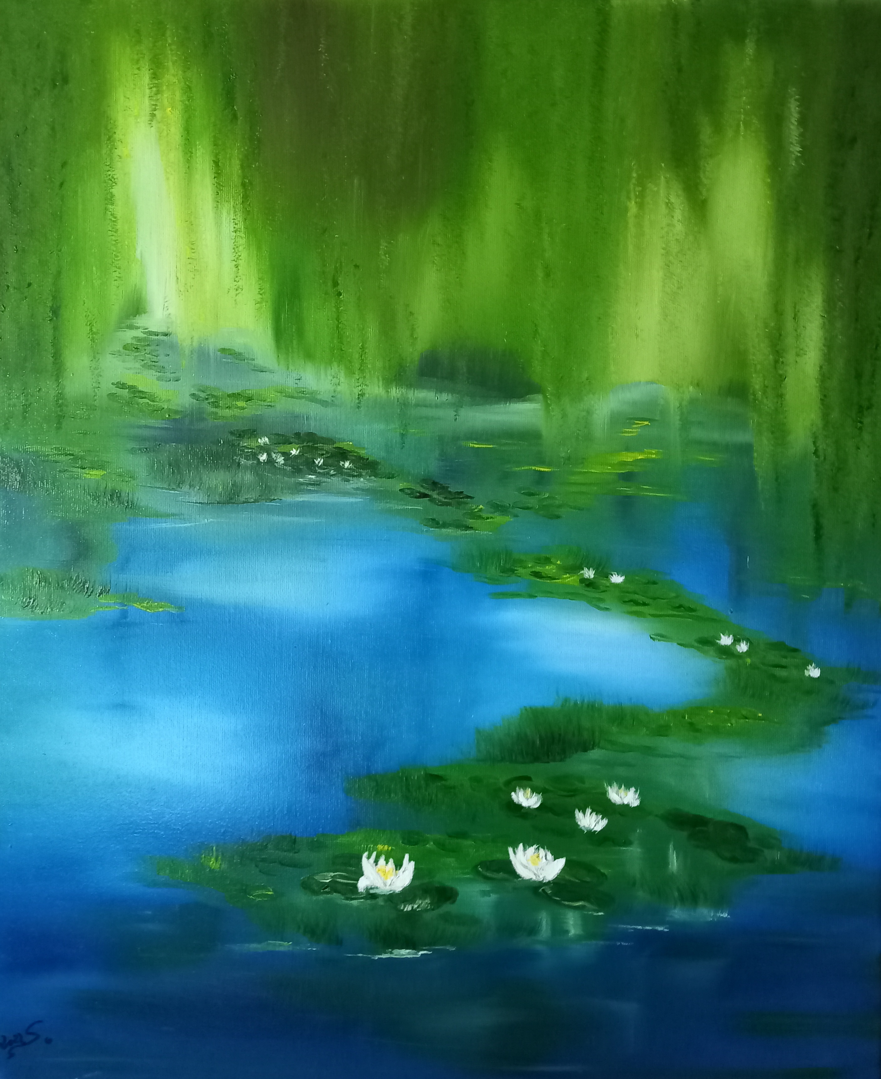 155 Seerosen unter Weiden 50x60 cm Öl auf Leinwand