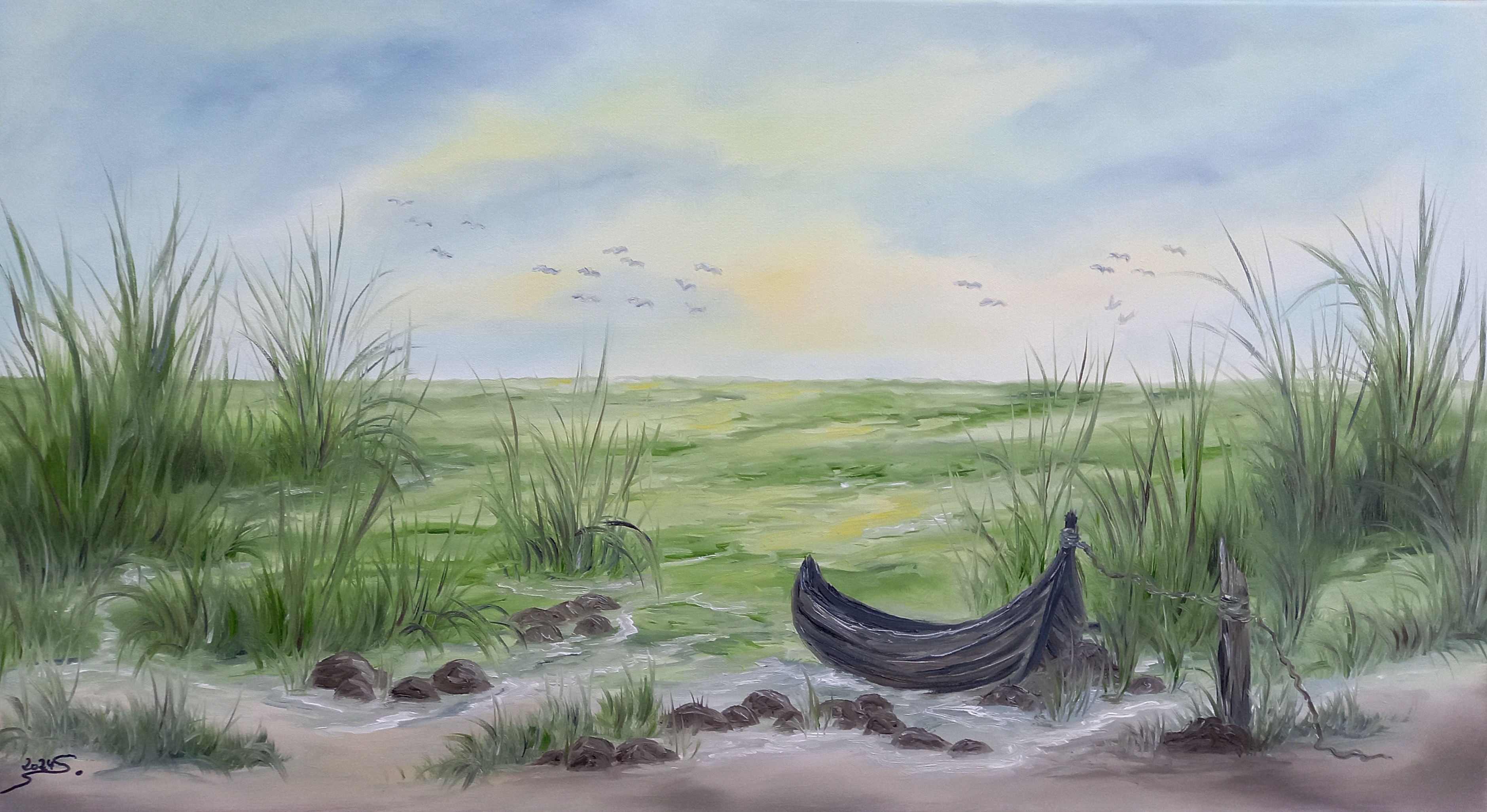 19G Boot am See 50x90cm Öl auf Leinwand