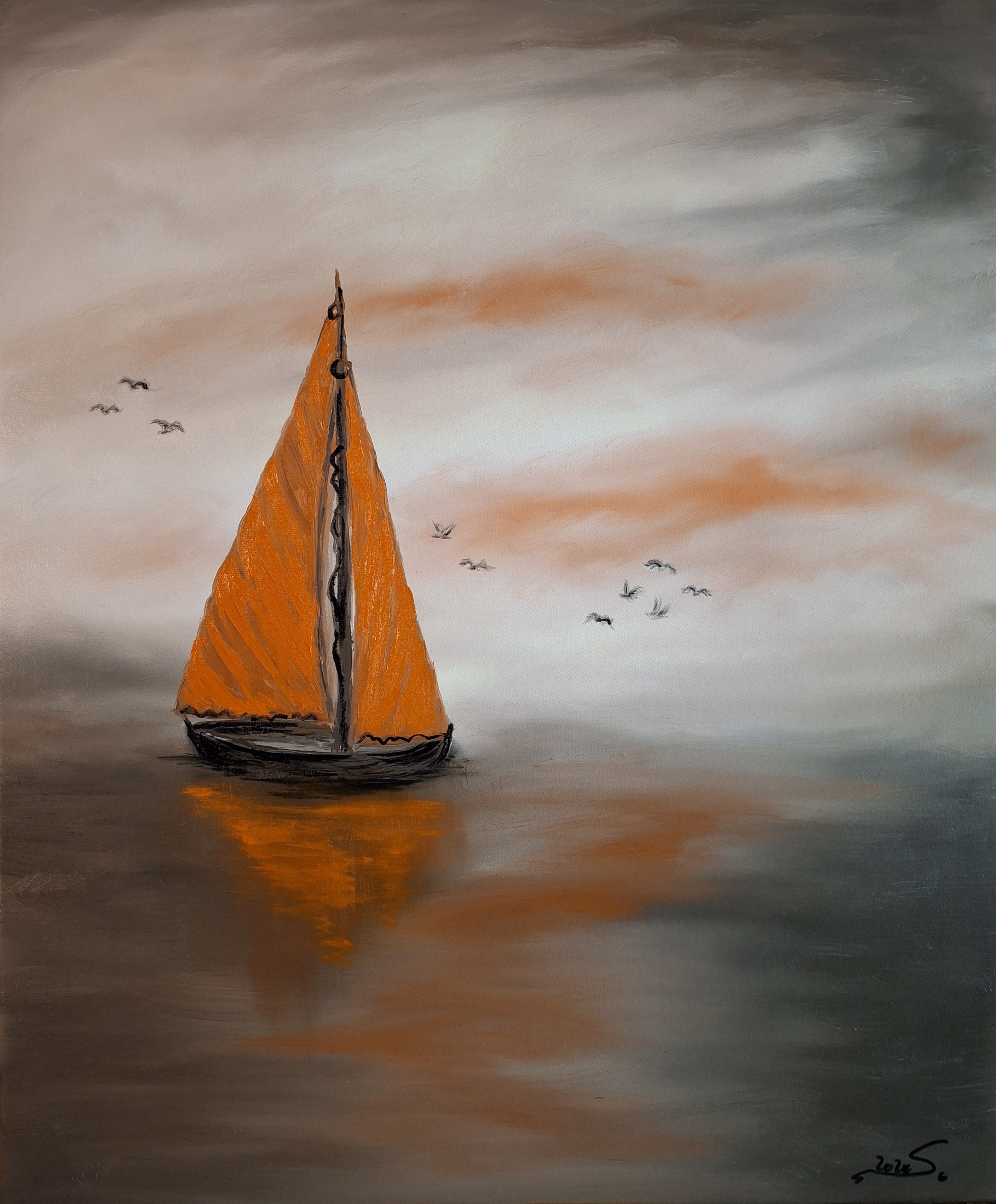 182 Segelboot im Nebel 50x60 cm Öl auf Leinwand