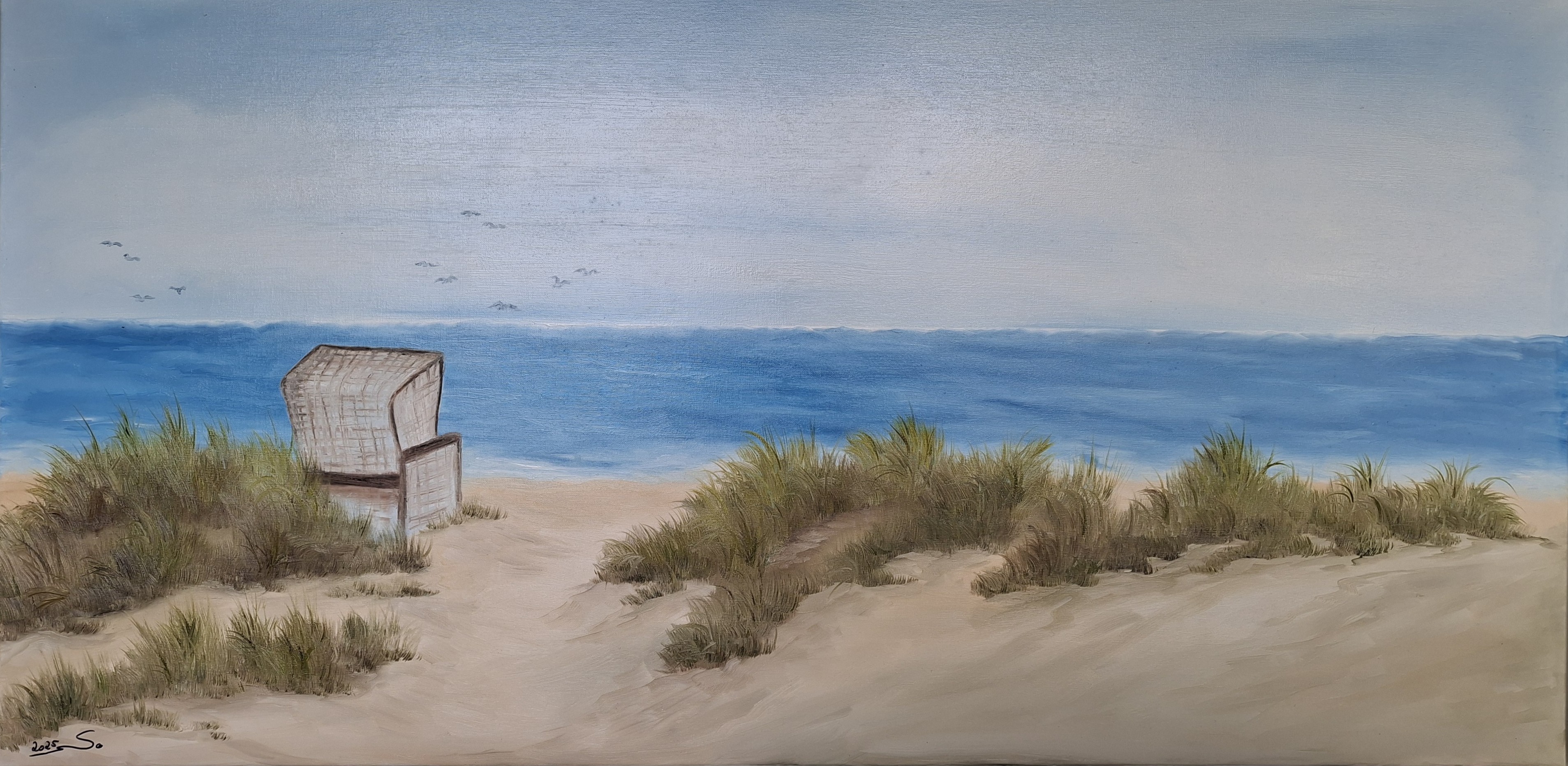 21G Strandkorbromantik 70x140 cm Öl auf Leinwand mit Rahmen