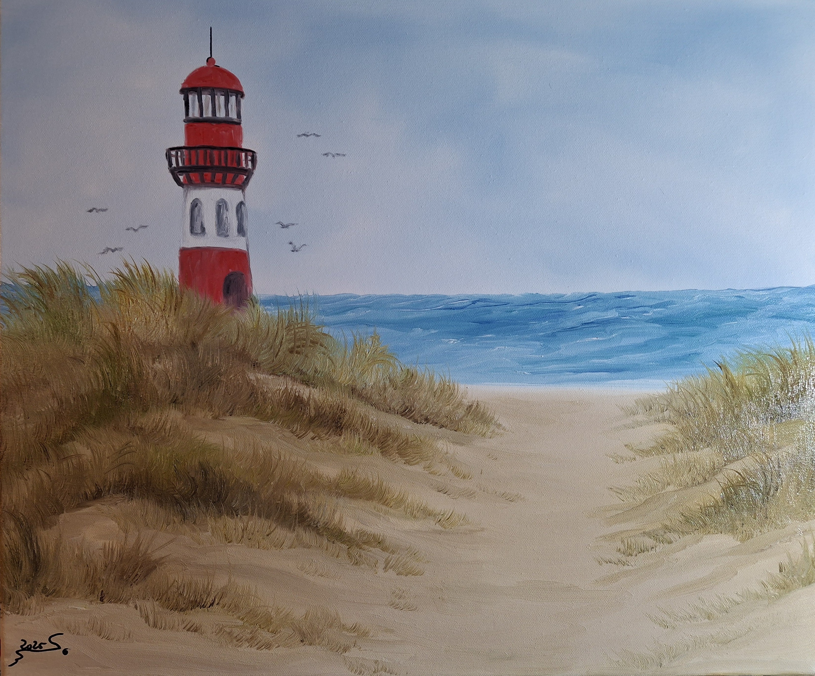 185 Leuchtturm mit Möwen 50x60 cm Öl auf Leinwand